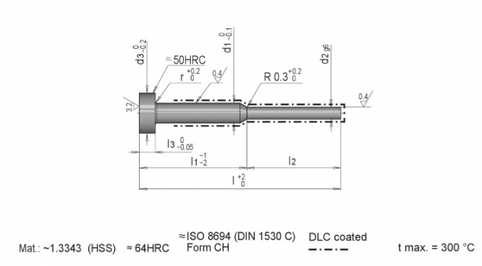 meusburger模斯堡E 1700 DLC DLC涂层型HSS淬硬缩径顶针